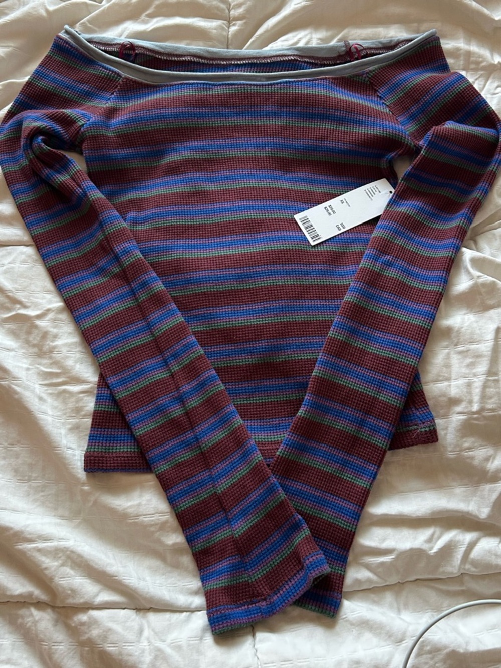 BDG Striped Off-Shoulder Ribbed Top in Burgundy, Blue & Green